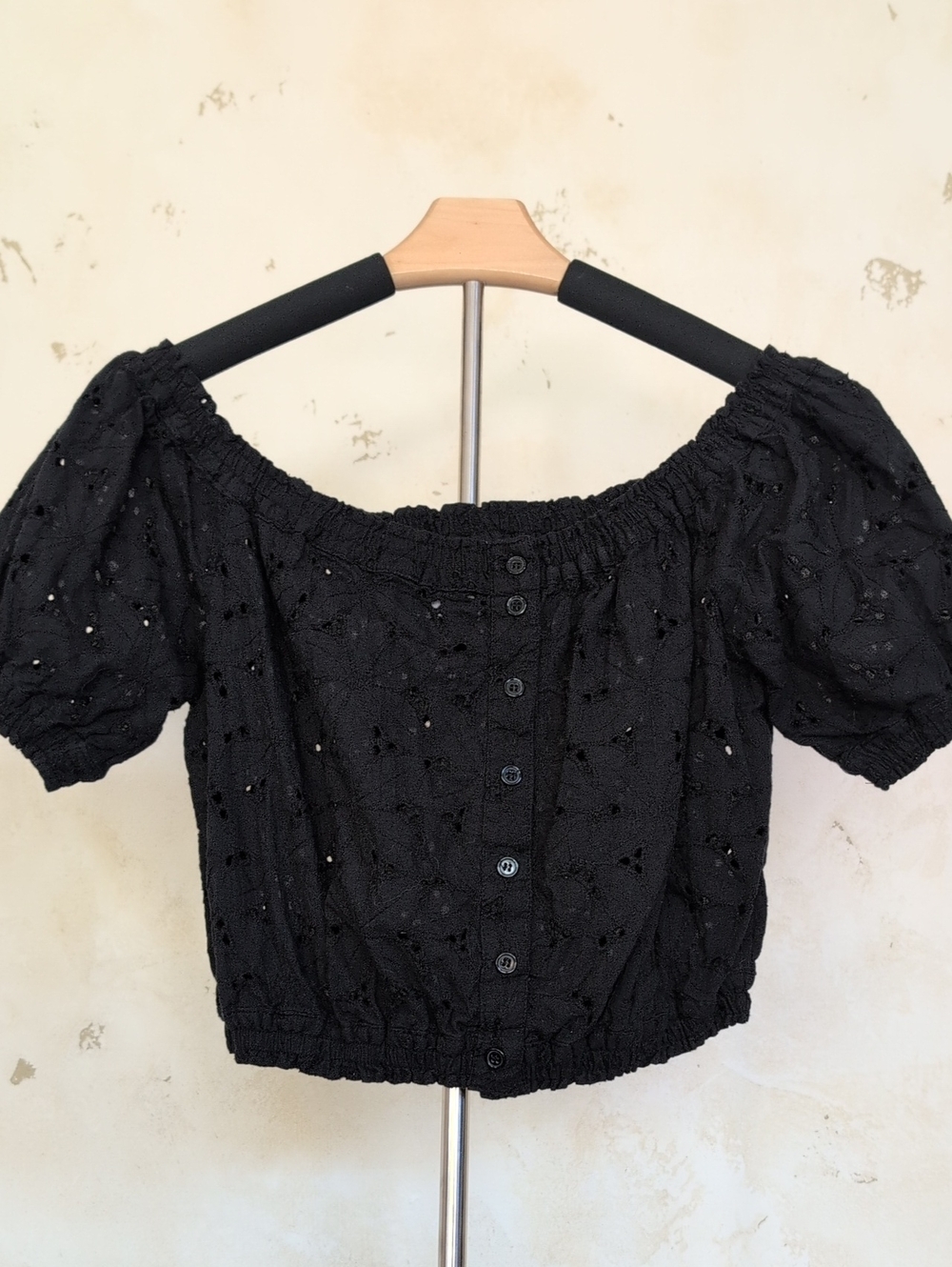 Esley Black Eyelet Off-Shoulder Button Crop Top With Puff Sleeves 100% Cotton